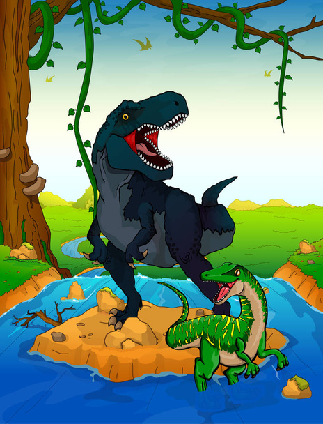 Tyrannosaurus on the background of a waterfall. - Vector, Image