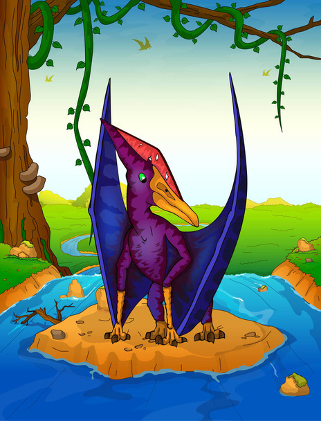 Pteranodon na tle wodospadu. - Wektor, obraz