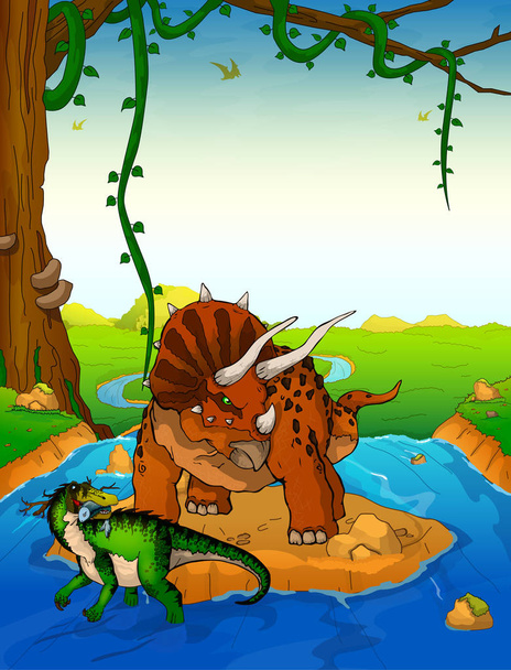 A Triceratops; a háttérben egy vízesés. - Vektor, kép