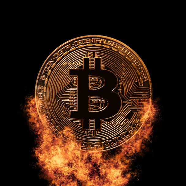 Golden Bitcoin over dark background. Business and virtual cryptocurrency concept. - Foto, afbeelding