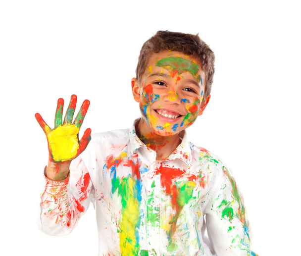 funny African boy with face and hand covered with paint isolated on white background - Photo, Image