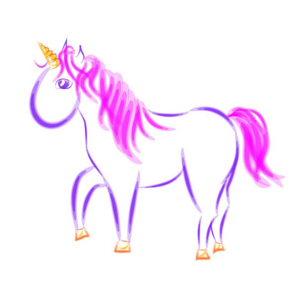 Unicornio blanco de dibujos animados con melena rosa y cola y cuerno dorado y pezuñas
 - Vector, imagen