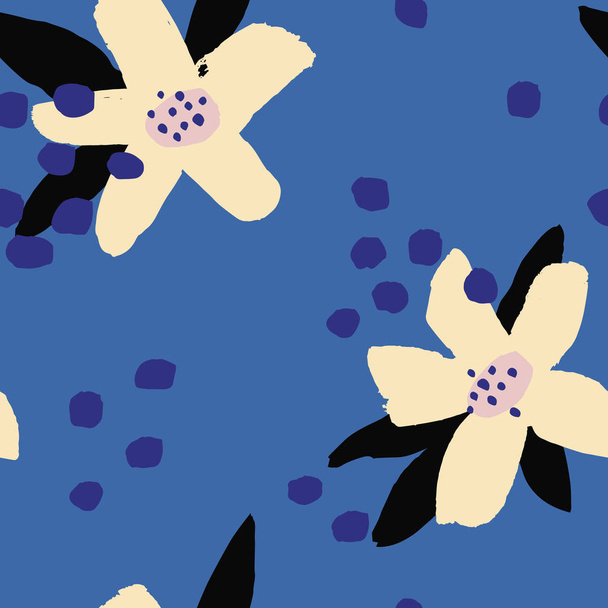 Abstract vector pattern with hand drawn flowers and dots. Floral seamless texture. - ベクター画像