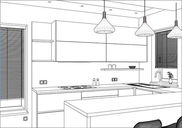 3D векторна ілюстрація. Сучасний дизайн кухні в інтер'єрі будинку
.  - Вектор, зображення