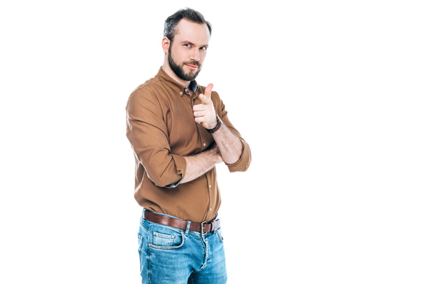 handsome bearded man pointing at camera with finger isolated on white - 写真・画像