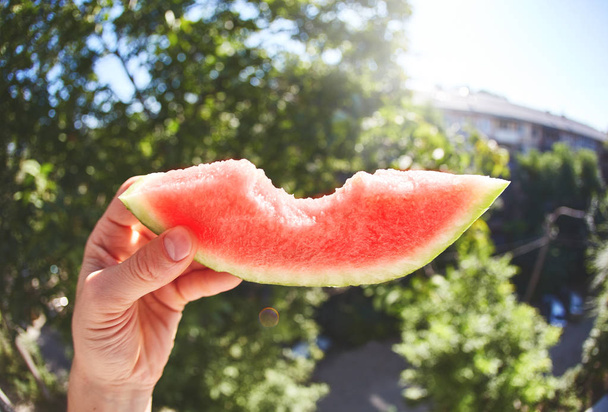 view of slice of watermelon in the hand - Φωτογραφία, εικόνα