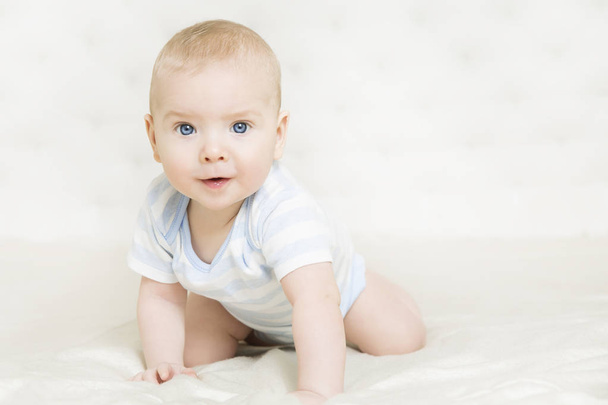 Baby Crawling on White Carpet, Infant Kid Boy, Little Child Portrait - Foto, imagen