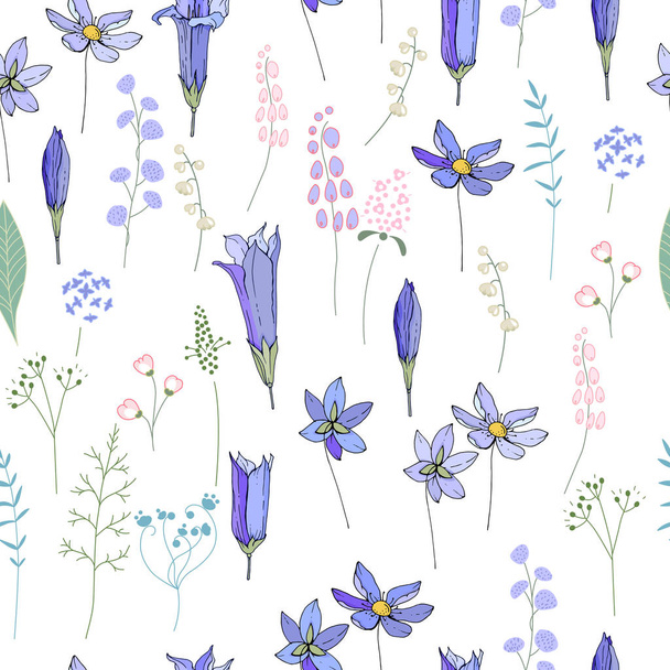 Seamless pattern with spring blue flowers. Endless texture for season easter design - Vetor, Imagem
