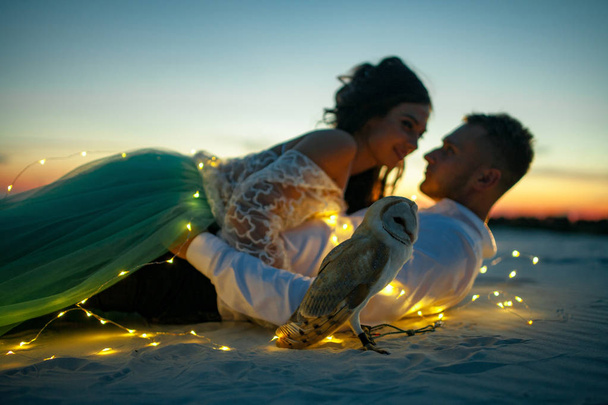 Bride and groom lie in desert next to garland of light bulbs and owl at sunset. Closeup. - Photo, Image
