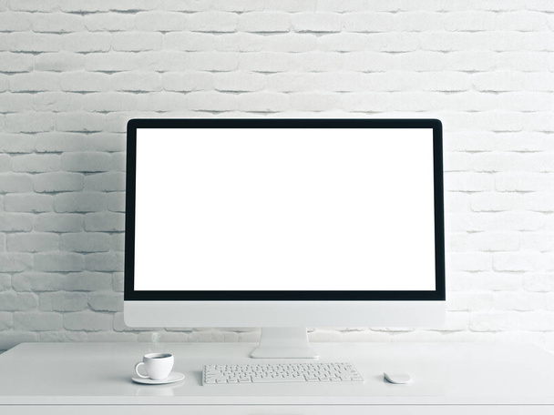 Designer desktop with blank white monitor  - Foto, Bild