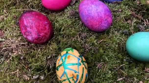 Feliz Pascua - Huevos de Pascua coloridos en musgo verde
. - Metraje, vídeo