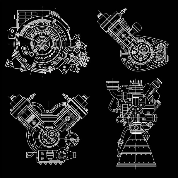 Set of drawings of engines - motor vehicle internal combustion engine, motorcycle, electric motor and a rocket. It can be used to illustrate ideas of science, engineering design and high-tech - Vector, Image