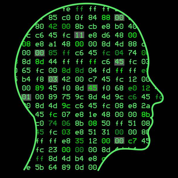 Intelligence artificielle. L'image d'un contour de tête humaine, à l'intérieur duquel figure un code binaire, qui symbolise le processus de pensée. Illustration travail réseaux neuronaux artificiels
. - Vecteur, image