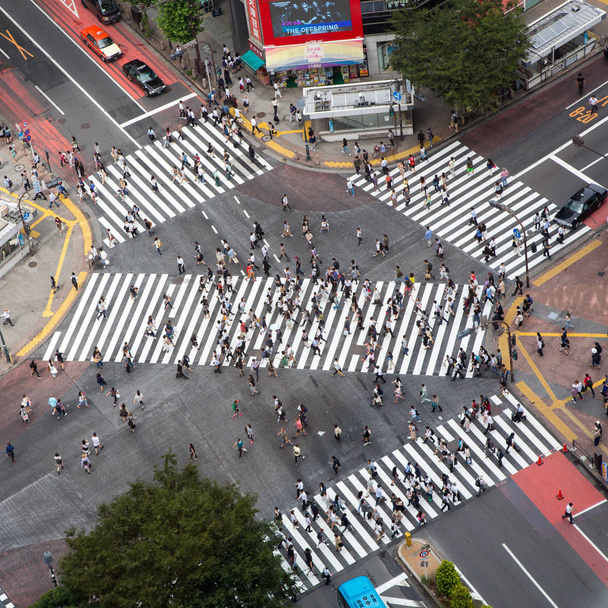 Tokyo, Japon - 26 juin 2016 : Ariel vue du Shibuya Crossing, connu sous le nom de The Scrambles, où plus de 1000 personnes traversent la rue chaque fois que les lumières changent
. - Photo, image