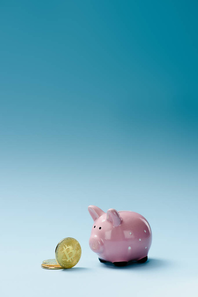 Close up view of pink piggy bank and golden bitcoins on blue backdrop - 写真・画像