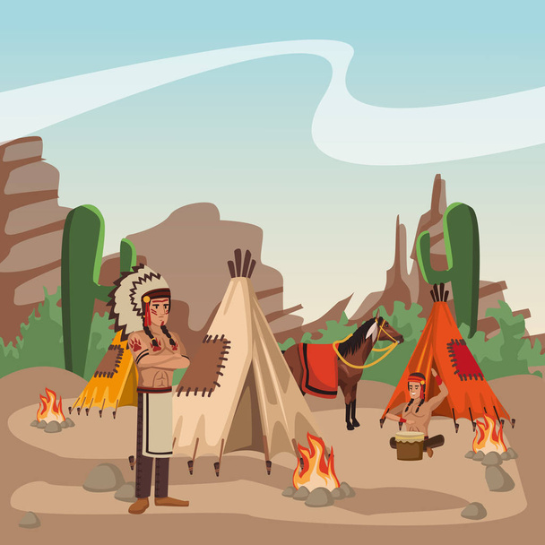 American indian warriors at village - Vector, Image