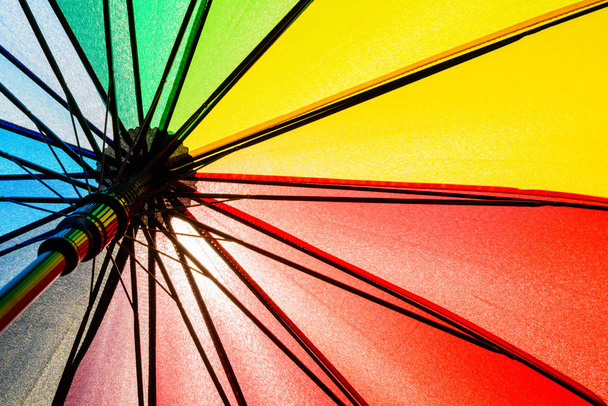 Bottom view of Rainbow umbrella texture background. - Zdjęcie, obraz