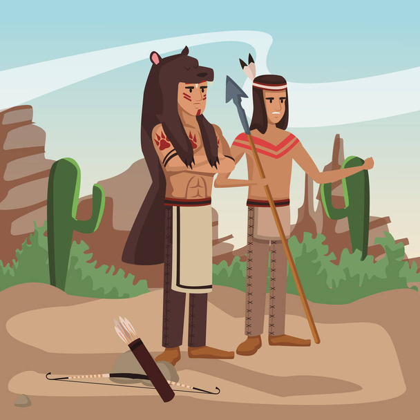 American indian warriors at village - Vector, Image