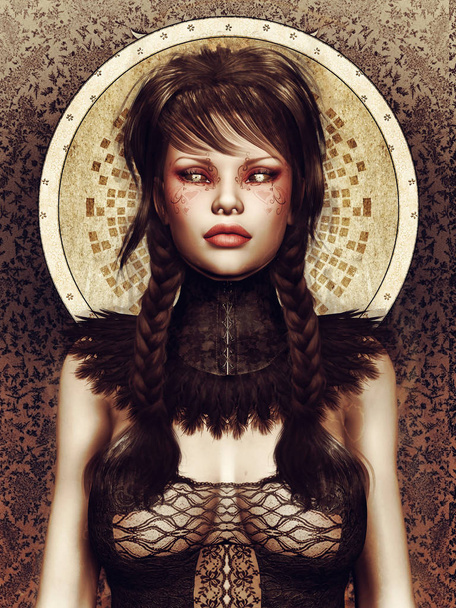 Fantasy art nouveau scene with a girl in a gothic outfit with eyes like clocks. 3D render. - Foto, Bild