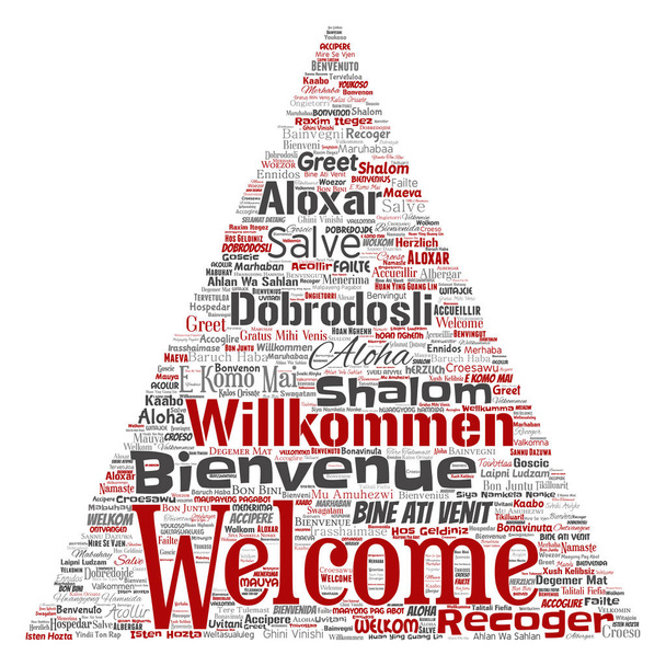 Absztrakt, Üdvözöljük vagy üdvözlés, nemzetközi háromszög nyíl szó felhő különböző nyelveken elszigetelt fehér background - Vektor, kép