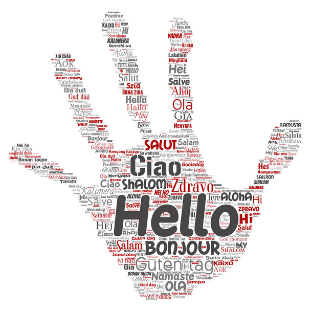 Fogalmi kéz nyomtatási hello vagy üdvözlés, nemzetközi turizmus különböző nyelveken elszigetelt fehér background - Vektor, kép