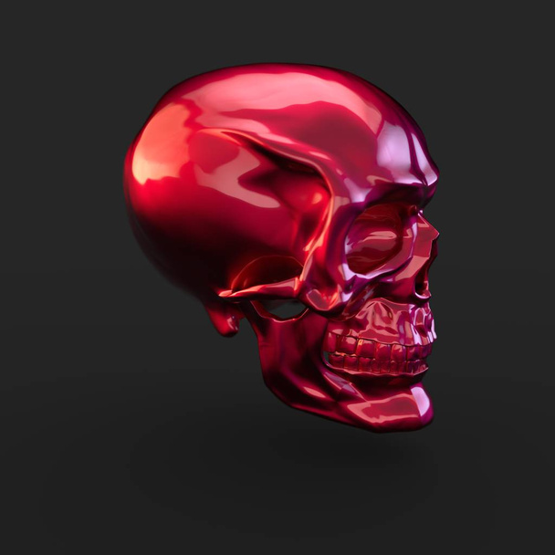 3D render Pink glossy skull with light reflections on black background - Photo, Image