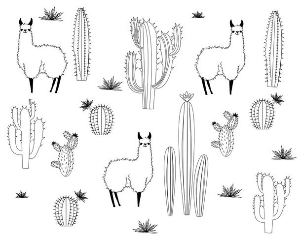 Set di alpaca vettoriale ed elementi di cactus. illustrazione vettoriale
 - Vettoriali, immagini