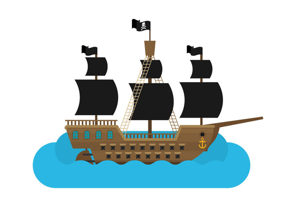 cartoon pirate ship in sea icon, vector, illustration - Vetor, Imagem
