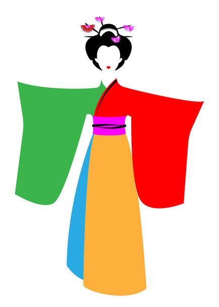 Retrato de chica japonesa o asiática, estilo tradicional con kimono japonés, estilo mariposa madama. Traje colorido geisha tradicional Kimono, vestido tradicional, ropa étnica de satén. Aislamiento vectorial
 - Vector, Imagen