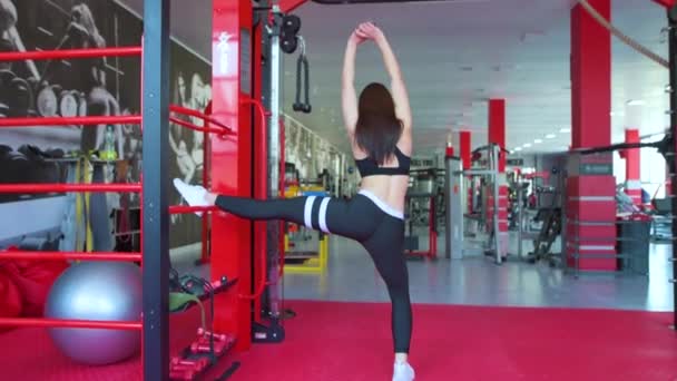 Primer plano de entrenamiento de chica delgada con simulador de gimnasio para músculos en el gimnasio
 - Imágenes, Vídeo