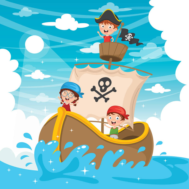  Vektor Illustration von Karikatur Kinder Piratenschiff - Vektor, Bild