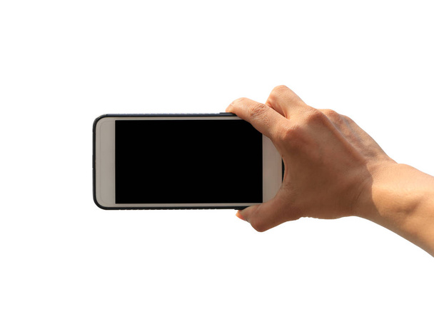 Рука человека, держащего в руке смартфон, изолированный на белом берегу
 - Фото, изображение
