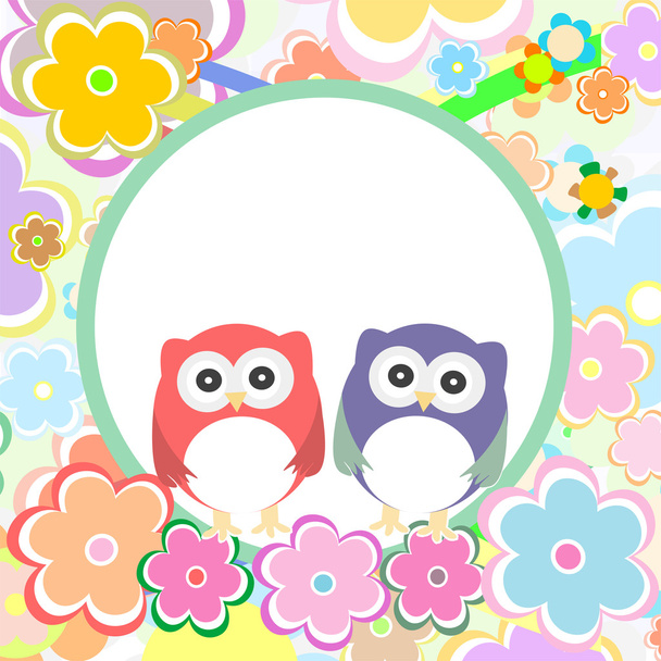 Funny colored cute owl with flowers. baby boy invitation card - Zdjęcie, obraz