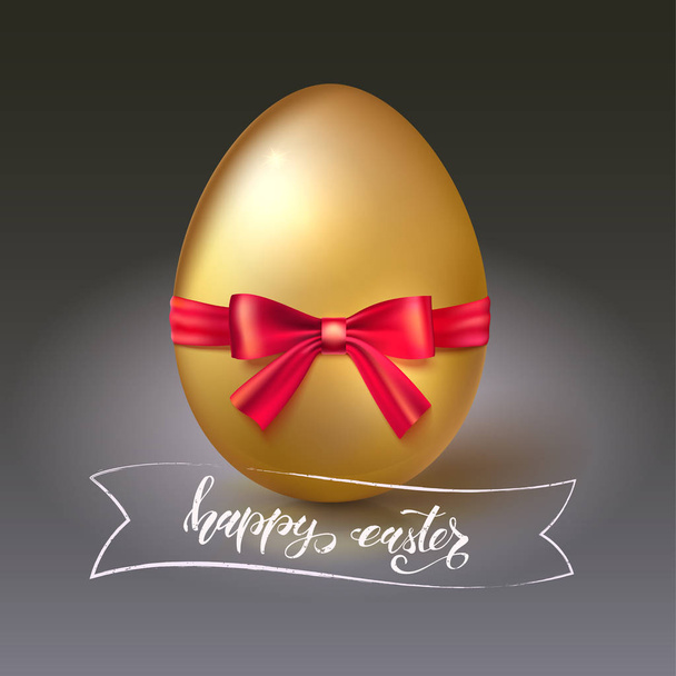 Happy Easter greeting, spring holiday. Template with handwritten calligraphy and Golden egg with red bow. Festive brush pen lettering and doodle banner. Easter greeting with traditional decorations - Vector, Image