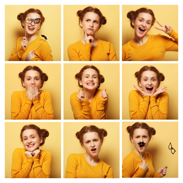 Collage junger Frauen mit unterschiedlichen Gesichtsausdrücken - Foto, Bild