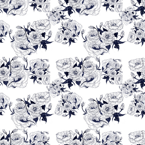 Bouquet of flowers - eustoma, inflorescences, leaves, buds. Decorative composition - floral pattern. Seamless pattern. Graphic arts. - Φωτογραφία, εικόνα