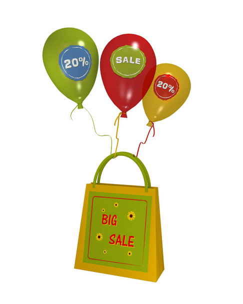zomerse boodschappentas met verkoop label en kleurrijke ballonnen - Foto, afbeelding