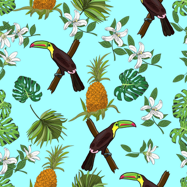 Tropical hand drawn exotic collection seamless pattern with leaves and flowers, pineapples and toucans. Package, wallpaper, textile, cover, design. - Vector, Imagen