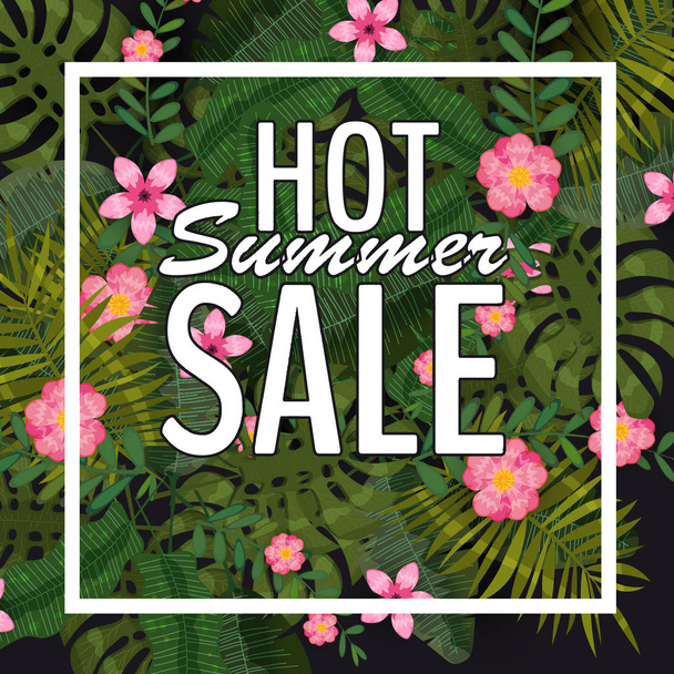 Design of a banner with a logo of hot summer sale. Offer for promotion with summer tropical plants, leaves and flower decoration. Vector, illustration, isolated - Vektör, Görsel