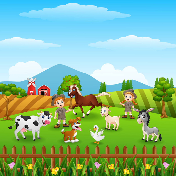 Vector illustration of Zookeeper with the animals in the farm - Vector, Image