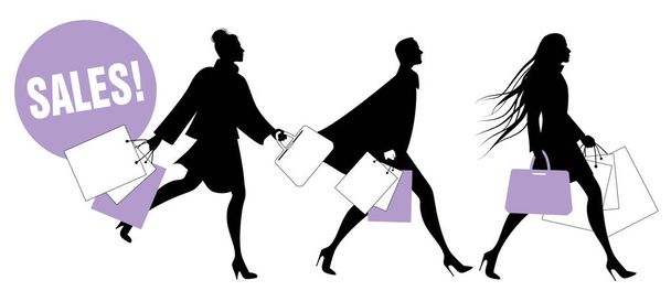 Siluety módní žen s nákupníma taškama na ulici izolovaných na bílém pozadí - Vektor, obrázek