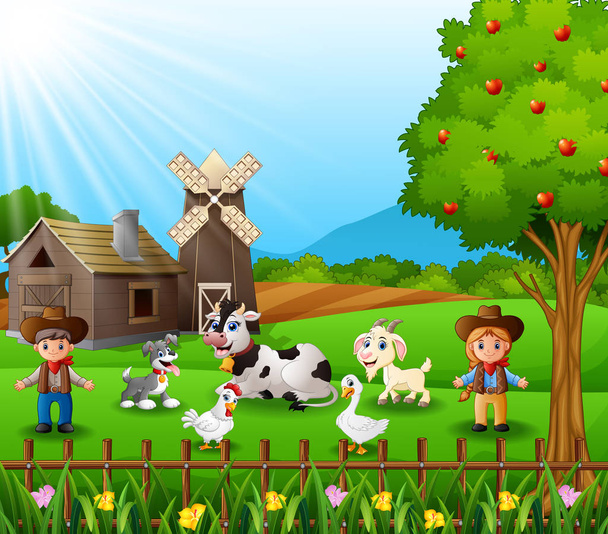 Vektor-Illustration von Cowboy mit Cowgirl und Tieren auf dem Bauernhof - Vektor, Bild