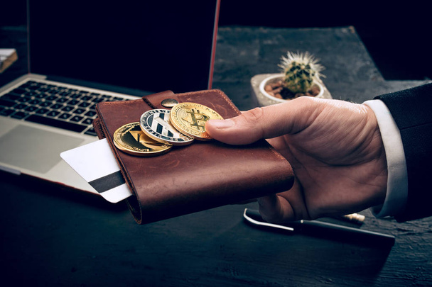 The golden bitcoin in mail hands - Foto, immagini