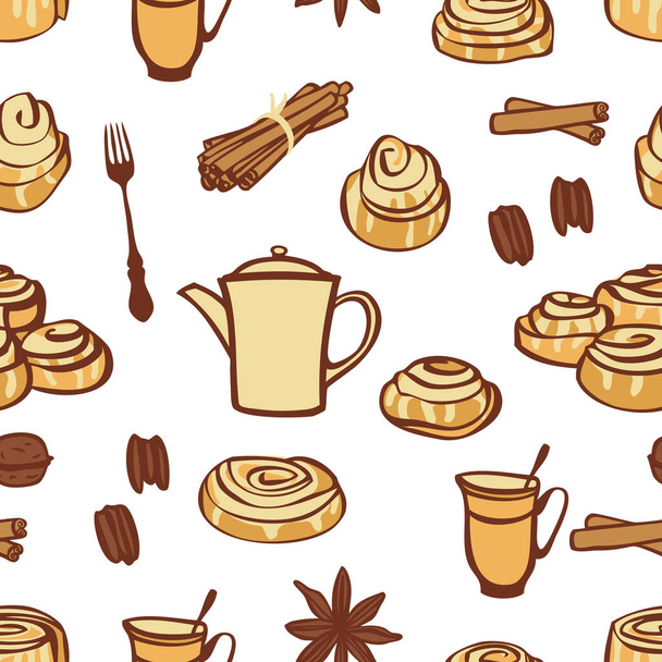 Voedsel collectie kaneel broodjes en bakkerij specerijen naadloze patroon - Vector, afbeelding
