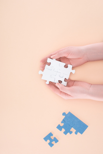 oříznutého obrazu podnikatelka drží sestavený puzzle kus v rukou izolované na béžové, obchodní koncept - Fotografie, Obrázek