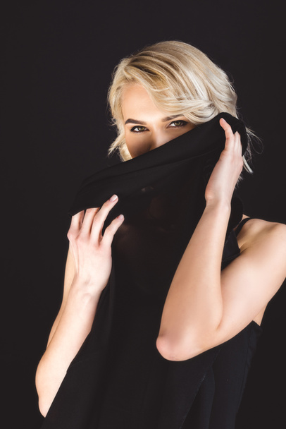 elegant girl posing in black for fashion shoot, isolated on black  - Zdjęcie, obraz