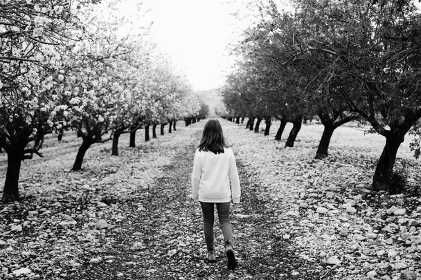 Beauty teen girl walking at rural blossom park at daytime. Back view - Photo, Image