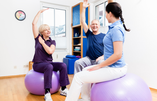 Elderly couple at physiotherapy on gymnastic balls - Photo, image