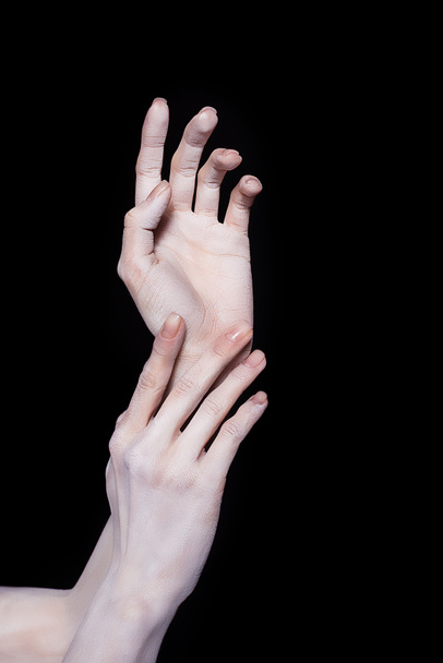 cropped view of tender female hands in white powder, isolated on black - Foto, imagen