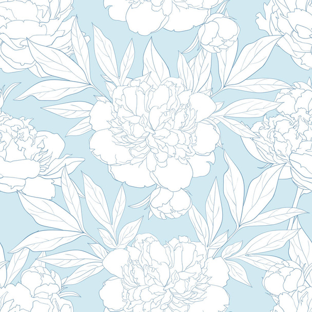 Peony seamless pattern in white and blue colors. - Vector, Image